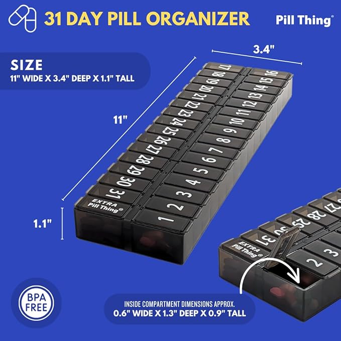 Once-a Day Monthly Pill Organizer Removable Lid for Easy Loading - Large Compartment Pill Box Medications for Entire Month Plus a Compartment for Extra Pills BPA Free