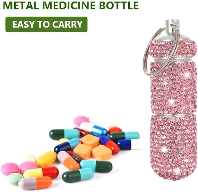 Bling Pill Case Portable Travel Pill Container Bottle Rhinestone Waterproof Small Pill Holder with Keychain Cute Mini Pill Storage Box (Pink)