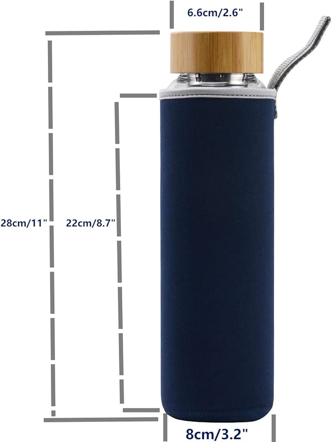 sunkey Glass Water Bottle 32 oz Wide Mouth with Sleeve Bamboo Lid Motivational Water Bottle With Time Marker Reusable Safe for Hot Cold Drinks Bpa Free (Navy Blue)