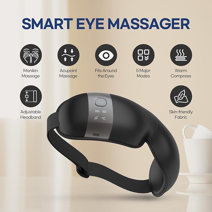 HubiCare Eye Massager with Heat, Vibration, and Music Helps Relieve Strain, Dark Circles, Dryness, and for Migraine Relief Relaxation and Better Sleep Valentines Day Gifts for Women/Men (Black)