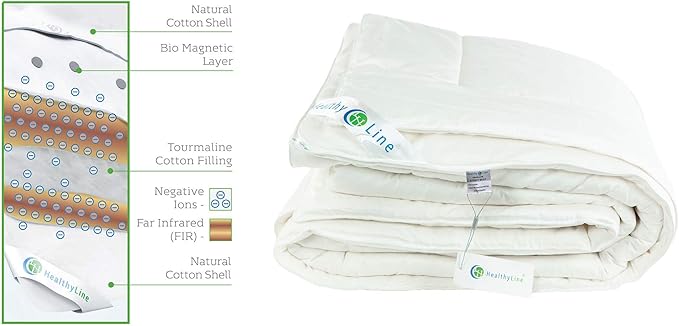 HealthyLine Energy Comforter - Tourmaline Fiber Filled, 233 TC White Cotton Shell, Lightweight, Breathable - Biomagnetic Negative Ion and Far Infrared Therapy (Queen Size)