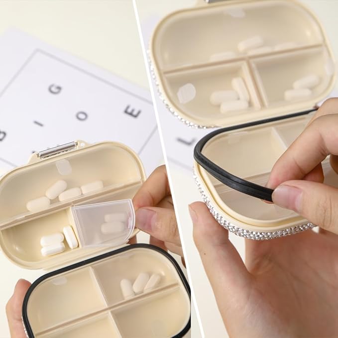 Sparkly Diamond Daily Pill Organizer 7 Compartments Portable Moisture Proof Small Pill Case for Pocket Purse Travel Pill Box Portable Medicine Vitamin Fish Oil Holder Container (AB Square)