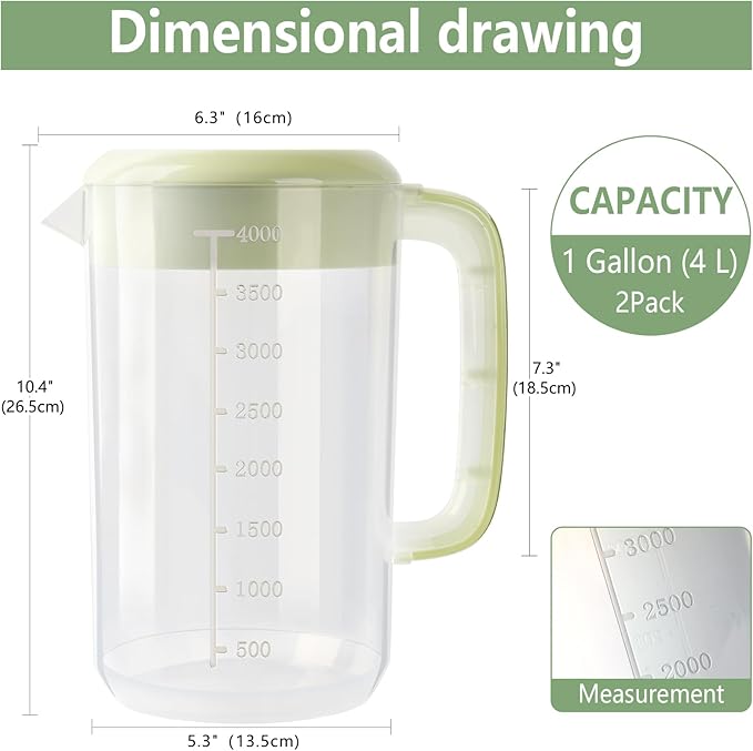 Clear Plastic Pitcher with Lid, 2 Pack Clear Water Pitcher for Cold Drinks, Iced Tea Pitcher for Lemonade, Iced Tea, Milk, Juice, Beverages (1 Gallon 4 Litre)