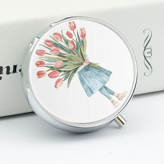 A Big Bouquet of Tulips Pill Box Travel Pill Case for Purse Pocket Weekly Medicine Organizer with Mirror 3 Compartment Round Medicine Case Portable PillcaseHolder for Daily
