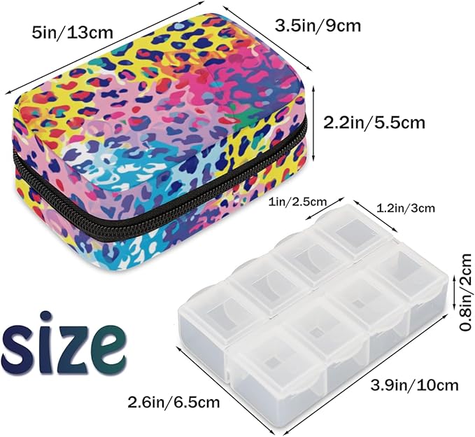 Portable Pills Organizer for Purse, Pill Cases Organizers 7 Day Medicine Travel Case, Personal Week Pill Organizer Cute Zipper Medication Bag Containers for Vitamin (Colorful Leopard Print)