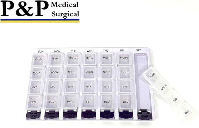 Weekly AM/PM Pill Box Portable Travel Prescription & Medication Pill Case Organizer (7-Day / 4-Times-A-Day) with Large Removable Compartments and Moisture-Proof Design Box of 1