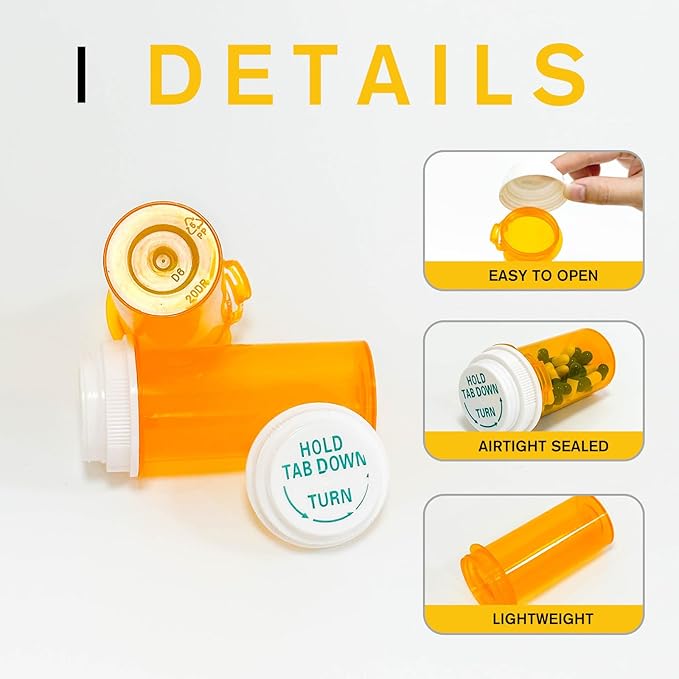 Prescription Reversible Thumb Tab Vials,Pill Bottles with Child Resistant Cap,Empty Medicine Bottles with Caps,Medicine Container for Personal Medication & Pharmacy.(20dram,12pcs)