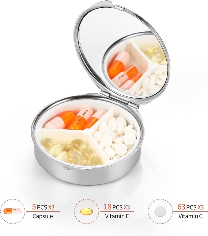 Dynippy Pill Case Pill Box with Mirror Pocket 3 Compartment Medicine Case Vitamin Pill Organizer for Pocket Purse and Travel (Round, Silver-Blue Marble Pattern)