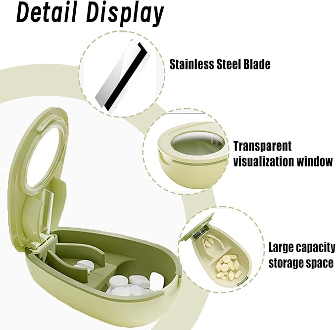Avocado-Shaped Pill Cutter, Splitter for Small & Large Pills, 2-Compartment, Green, 1 Count