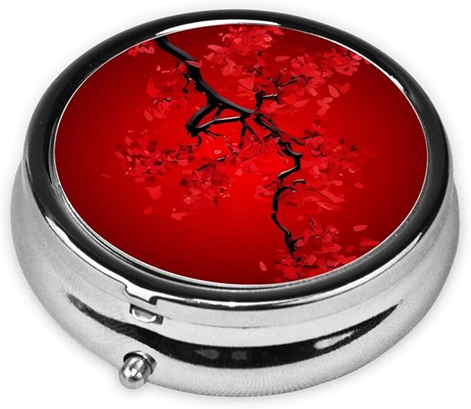 Red Cherry Blossom Printed Round Travel Pill Box Cute Small Metal Pocket Pill Case for Men & Women 3 Compartment Portable Pill Organizer for Purse or Pocket