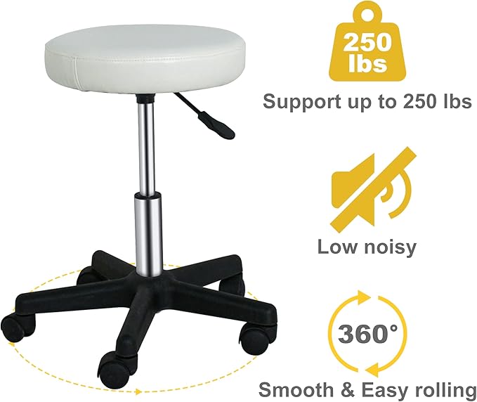 ZENY Adjustable Swivel Rolling Stool Chair with Wheels for Home Office Beauty Salon Spa Medical Tattoo Drafting, White