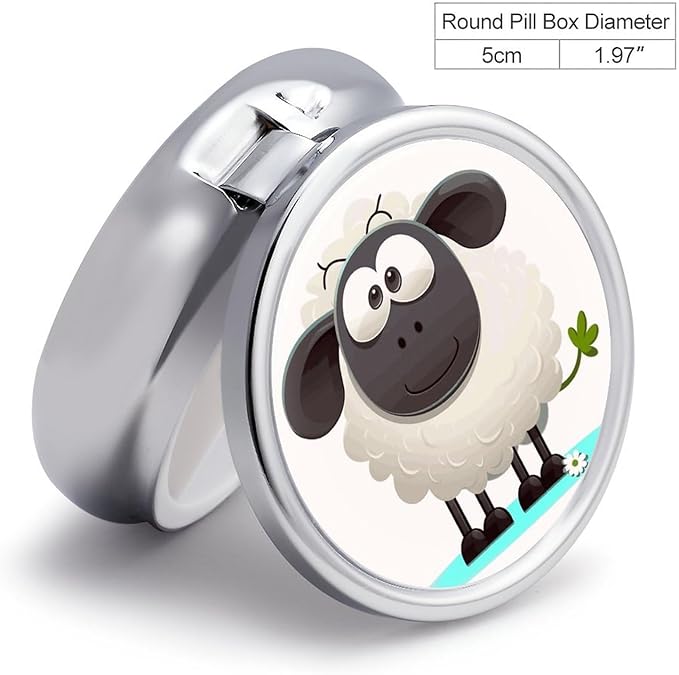 Sheep Pill Box Travel Pill Case for Purse Pocket Weekly Medicine Organizer with Mirror 3 Compartment Round Medicine Case Portable PillcaseHolder for Daily