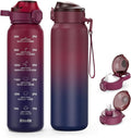 Insulated Water Bottle 32oz with 2Lids(Straw Lid & Spout Lid), 1L Double Walled Water Bottle with Time Marker, 1000ml Stainless Steel Metal Flask for Fitness, Gym and Outdoor RED BLACK