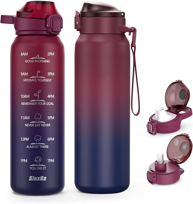 Insulated Water Bottle 17oz with 2Lids(Straw Lid & Spout Lid), 500ml Double Walled Water Bottle with Time Marker, Stainless Steel Metal Flask for Fitness, Gym and Outdoor RED BLACK