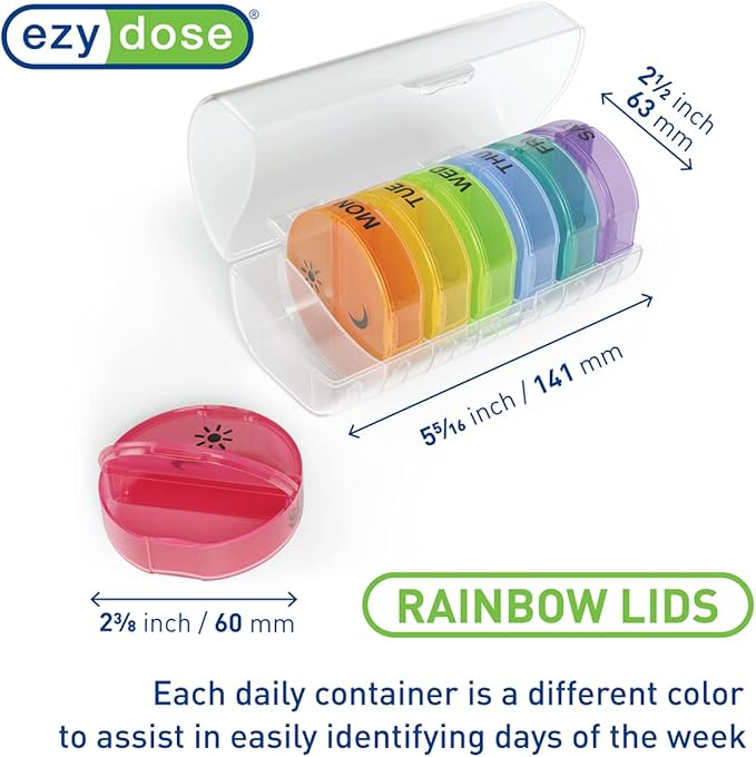 Ezy Dose Weekly (7-Day) Daily Pill Case, Medicine Planner, Vitamin Organizer Container, Travel Friendly, Easy to Use, X-Large Removable Individual Compartments, 2 Times a Day, Rainbow Lids, BPA Free
