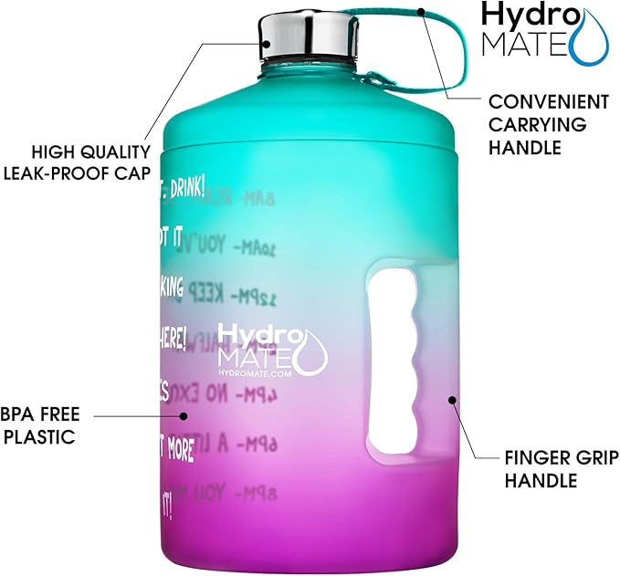 NatureWorks HydroMATE 1/2 Gallon Water Bottle with Times to Drink BPA Free Leak Proof Reusable Jug with Handle 64 oz