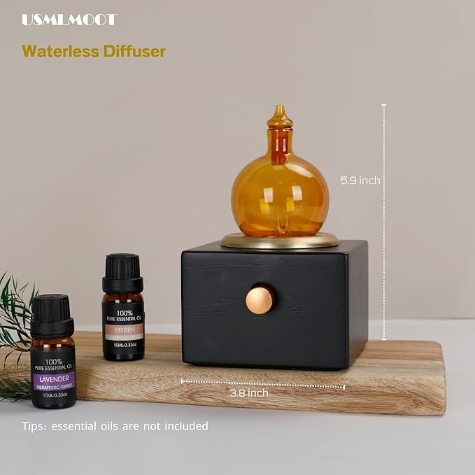 Cordless Aroma Oil Nebulizer - Waterless Diffuser for Essential Oil with Glass & Wood, Rechargeable Portable Nebulizing Machine, Battery Operated up to 40h - Gold & Fire Original Design