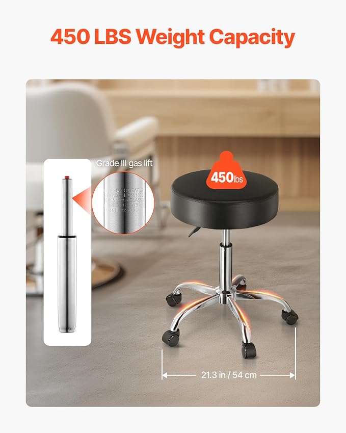 VEVOR Rolling Stool with Wheels, 450 LBS Weight Capacity Round Rolling Stool Chair, Height Adjustable Thickened PU Leather Swivel Stool for Salon, Spa, Massage, Tattoo, Clinic, Black