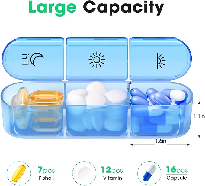 3 Times a Day Pill Organizer - 7 Day Portable Weekly Pill Box, Travel Pill Case with Snap-Locked Compartments, BPA-Free for Vitamins & Medication(Black)