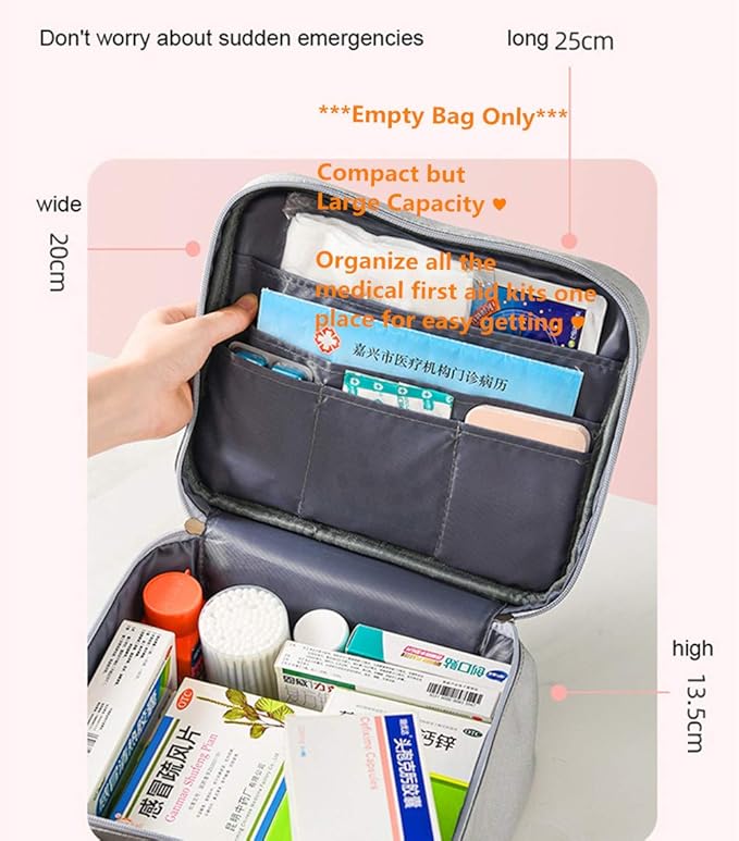 First Aid Kit Bag Empty Travel Medication Pouch Big Zippered Oxford Medical Survival Kit Carrier Handy Medicine Pills Drugs Package Organizer with 5 Pocket+1 Main Holder-9.8x7.9x5.3Inch (Gray-L)