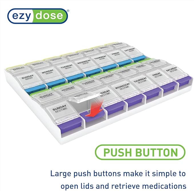 EZY DOSE Weekly (7-Day) Pill Organizer, Vitamin Container, and Daily Medicine Planner, 2X-Large Push Button Compartments, Arthritis Friendly, Easy to Use, 4 Times a Day, Clear Lids, BPA Free