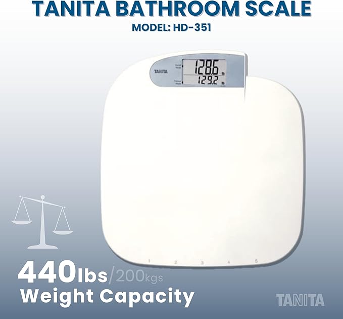 Tanita HD-351 Japan Technology Digital Bathroom Weight Scale- 440 lbs Capacity - Accurate & Precise with 5 Multi-User Convenience, Previous & Current Weight Memory - 2" Easy to Read Large Display