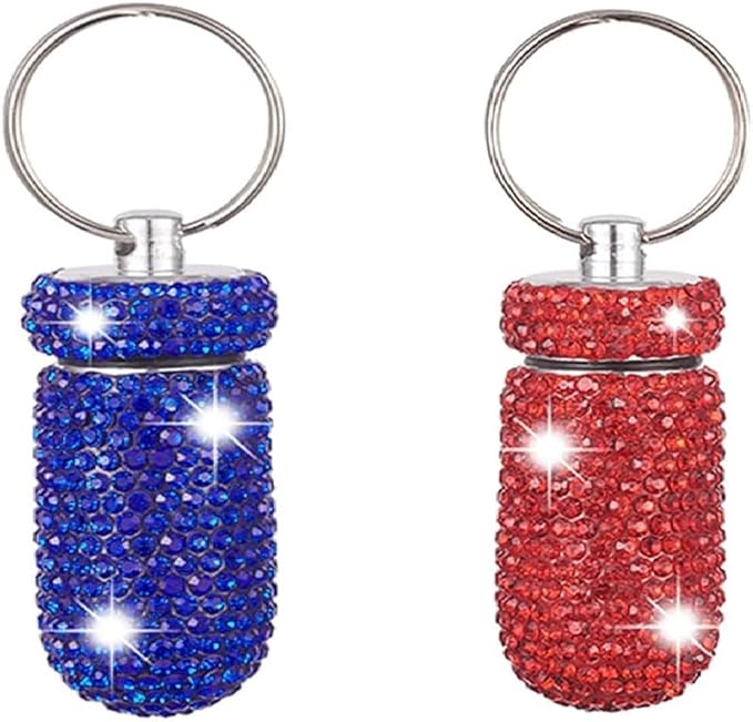 2 Pcs Pill Holder Keychain, Bling Aluminum Medicine Holder Pill Container Mini Size Waterproof and Light Weight Portable Pill Bottle Case (Dark Blue+Red)