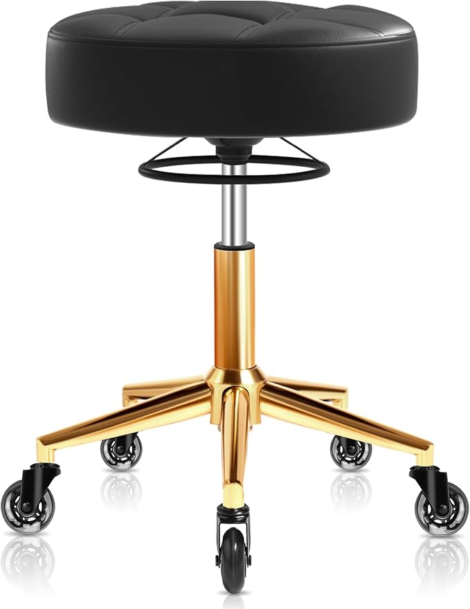 Rolling Stool Heavy Duty 450lbs - Reinforced with Golden Alloy Steel, Super Soft Thick Cushion, 360° Swivel, Smooth Rolling NO Noises, Adjustable Stool with Wheels for Massage Tattoo Spa, (Black)