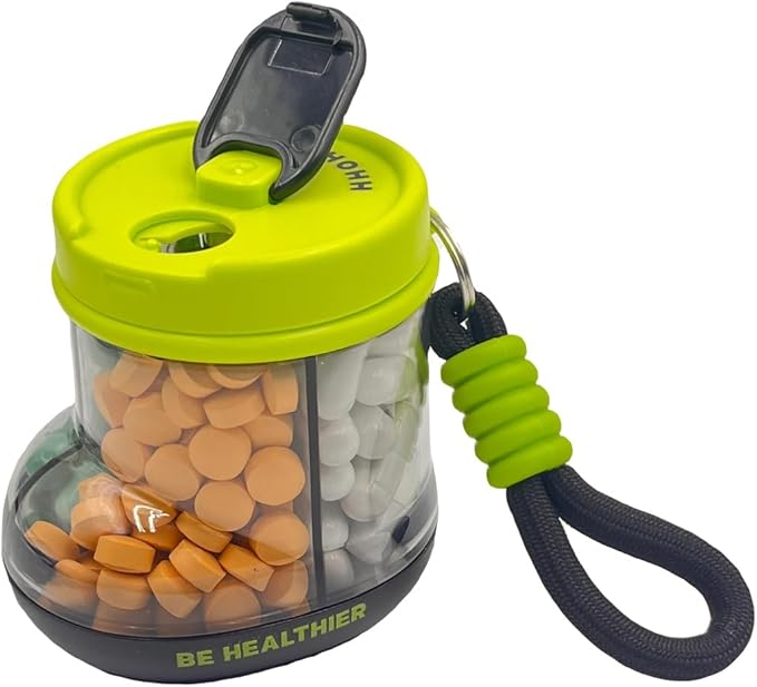 Cute Pill Dispenser，Portable Pill Bottle Organizer with 4 Compartments，Travel Pill Organizer with Anti-Mixing & Wide Openings Design(Green)
