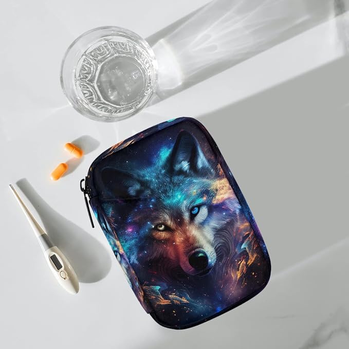 Wolf Galaxy Nebula Pill Case Travel Pill Organizer Weekly 7 Day Portable with Zipper Medicine Box Pill Case for Vitamins, Birth Control,Fish Oils,Medication, Supplements