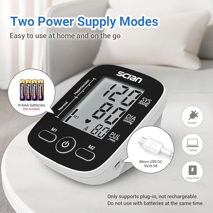 Scian Blood Pressure Monitor Upper Arm for Home Use, Automatic Blood Pressure Arm Cuff with Large Cuff 8.7"-16.5", Large LCD Display, 2 User 180 Memory, USB Cable (Black)
