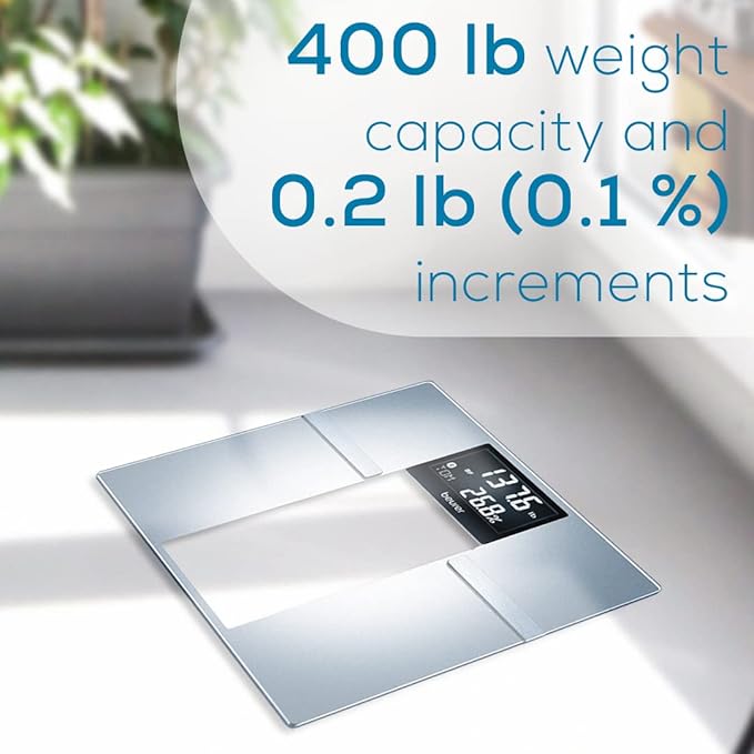 Beurer BF720 Smart Scale for Body Weight, Body Fat, Body Water & More – 400 lb Capacity, Bluetooth App, Calorie Data, User Recognition, XL LCD Display, Glass Digital Bathroom Scale – Grey