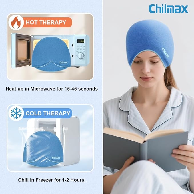 Migraine Relief Cap,Full Head Ice Hat Hot & Cold Gel Compress Pack with Face and Eye Mask,Headache Ice Pack Head Wrap for Hangover, Fever, Puffy Eyes,Tension, Sinus, Stress Relief (Blue)