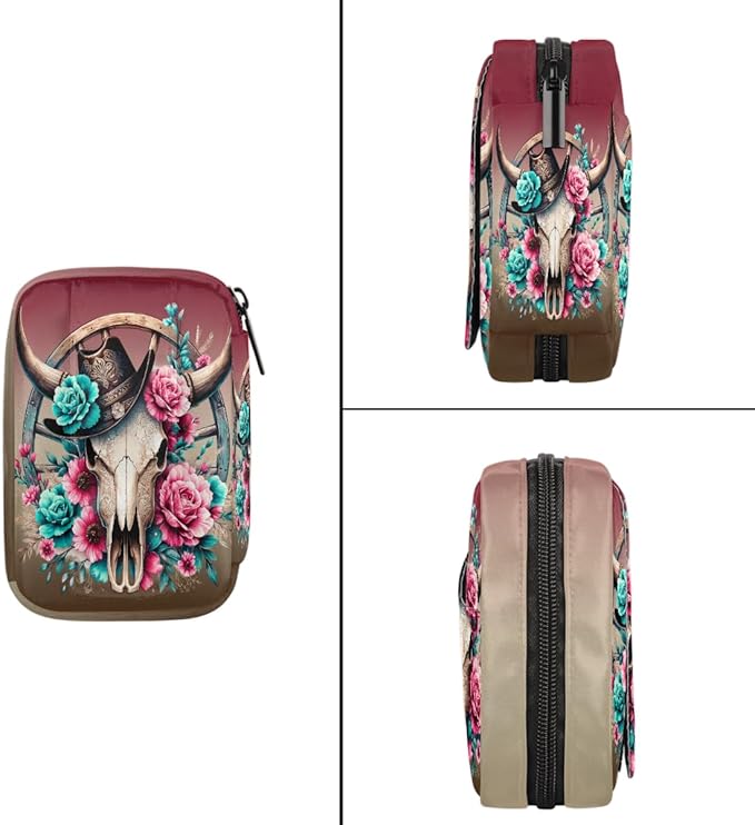 Western Cowboy Skull Pill Case Travel Pill Organizer Weekly 7 Day Portable with Zipper Medicine Box Pill Case for Vitamins, Birth Control,Fish Oils,Medication, Supplements