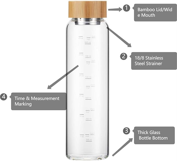 sunkey Glass Water Bottle 32 oz Wide Mouth with Sleeve Bamboo Lid Motivational Water Bottle With Time Marker Reusable Safe for Hot Cold Drinks Bpa Free (Gray)