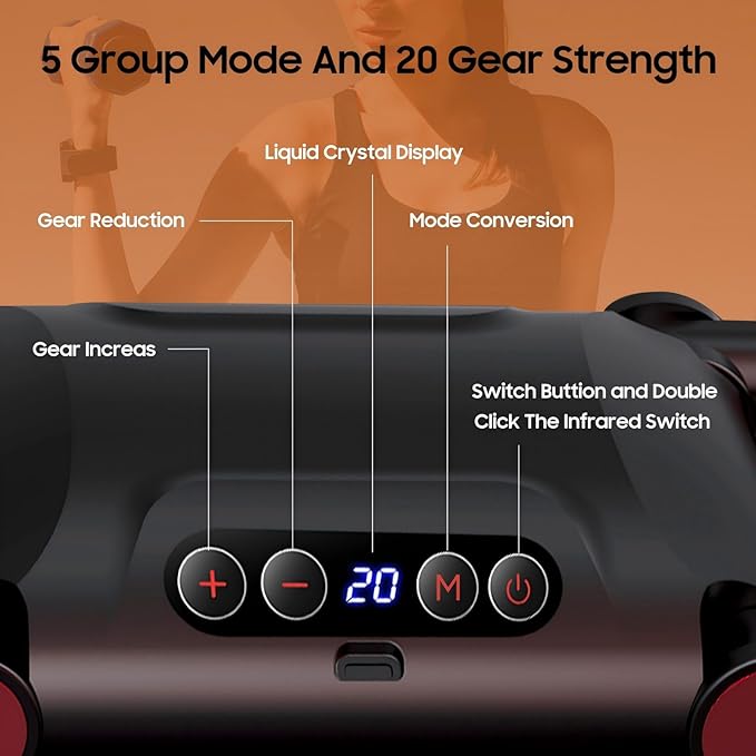 6-Head Massage Gun Set, Deep Tissue Percussion Massager with 5 Modes & 20 Intensities, Quiet Handheld Muscle Massager for Back, Shoulders, Legs & Feet, for Home, Office, Gym & Travel,