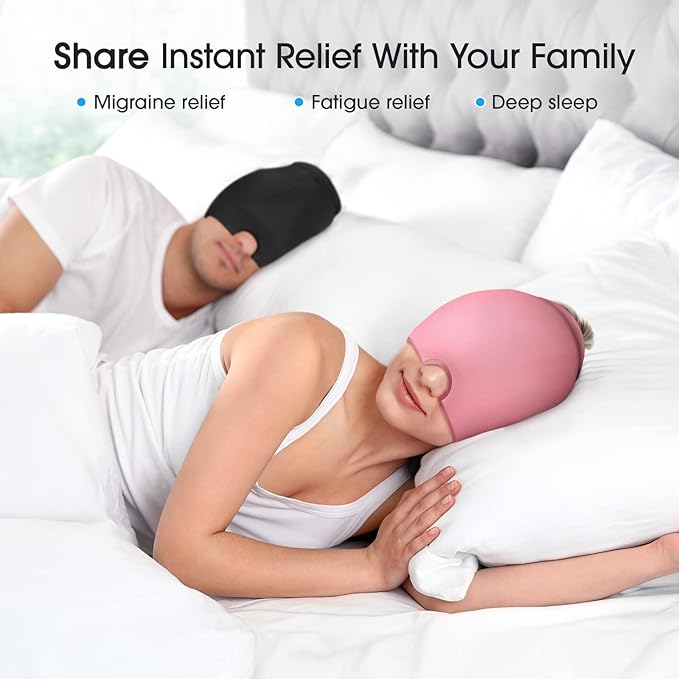 ONLYCARE Migraine Relief Cap,Soothing Migraine Mask,Upgraded Odorless Gel Ice Head Wrap, Hot and Cold Therapy, Headache Ice Pack for Tension and Stress(Black & Pink, 2 Count)