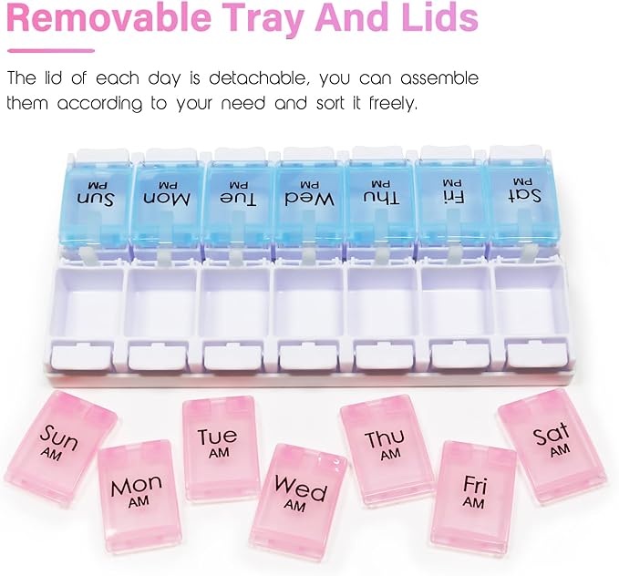 MOLN HYMY Weekly Pill Boxes and Organizer 2 Times a Day, 7 Day AM PM Pill Case Two Week, 14 Large Compartments Pill Dispenser to Hold Medication, Vitamins (Pink+Blue)