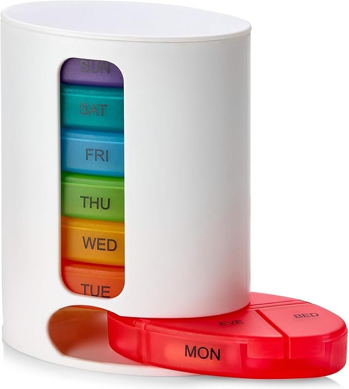MEDca Weekly Pill Organizer, 1 Dispenser, 7 Stackable Multi-Color Compartments Four Times-a-Day - Morning, Noon, Evening, and Bedtime, White