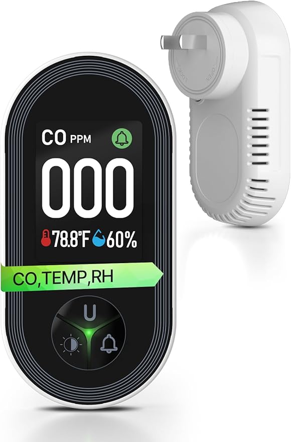 3IN1 Carbon Monoxide Detector Combination Plug in, CO Monitor with Temperature Humidity Sensor Built-in, Alarm Sound Warning for Kitchen/Garage/Fireplace/RV