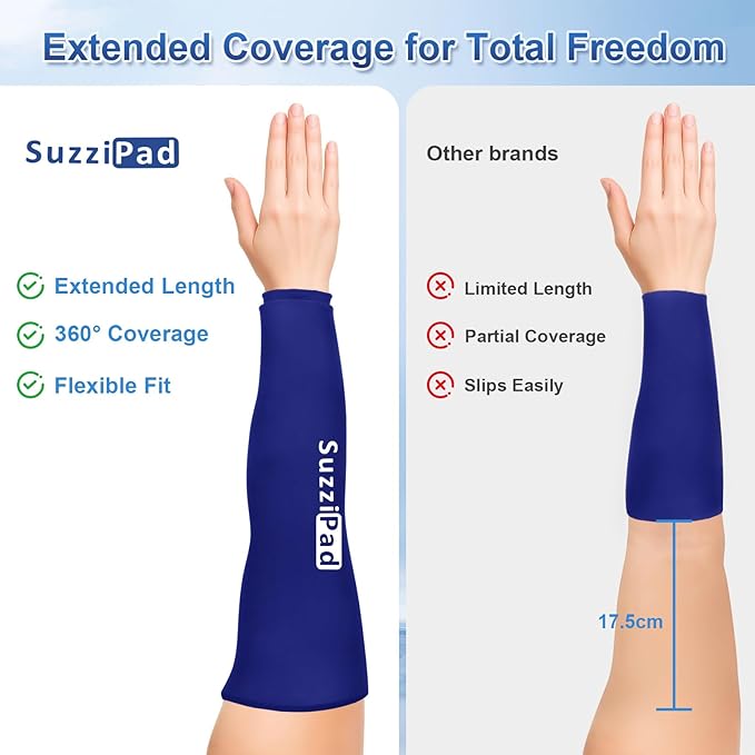 Suzzipad 2 Pack Extended-Length Elbow Ice Pack for Pitchers, Flexible Arm ice Pack Sleeve, 360° Reusable Gel Wrap for Upper Arm, Wrist, Shin Splint, Tendonitis and Golfers Relief, Blue, Medium