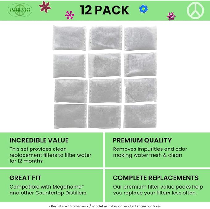 Green Piece® Activated Charcoal Water Filter Replacements (MADE IN USA) - Great for Megahome and Other Countertop Water Distillers - (Pack of 12)