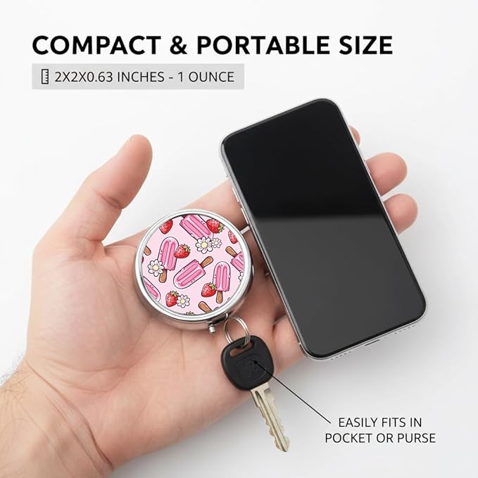Ice Cream Pill Box 3 Compartment Small Pill Case,Portable for Pocket or Purse Pill Organizer Pill Container Holder with Mirror to Hold Vitamins, Medication, Fish Oil and Supplements