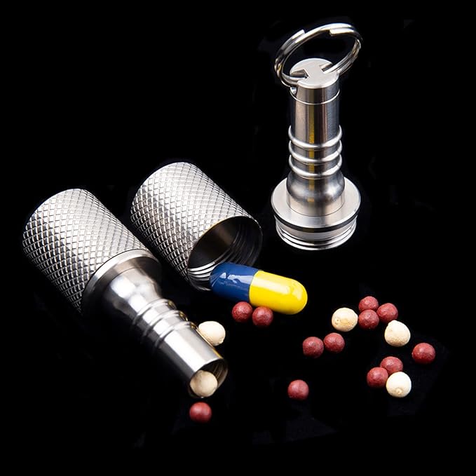 Keychain Pill Holder, Titanium Case Small Organizer Waterproof Box, EDC Container Metal Tube for Outdoor Camping Travel, Men Women (Tiny Silver)