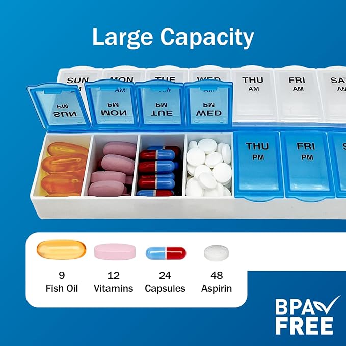 Amazon Basic Care (7-Day) AM/PM Pill Organizer, Vitamin Case, And Medicine Box, Large Compartments, 2 Times a Day, Blue and Clear Lids