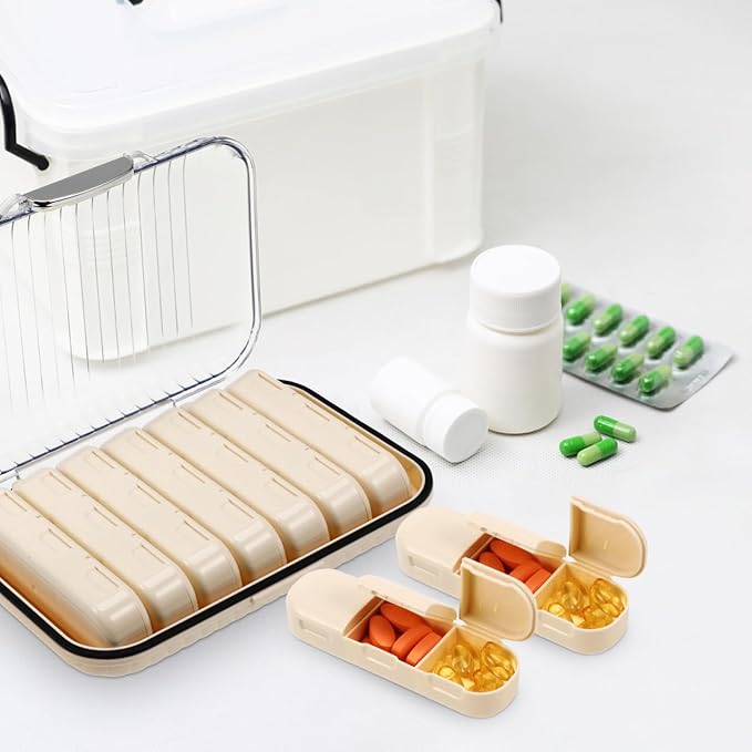 Baluue Mini Pill Organizer Travel Case with Removable Dividers Portable Weekly Medication Storage Box Compact Sealed Design for Daily Pills Vitamins and Fish Oils