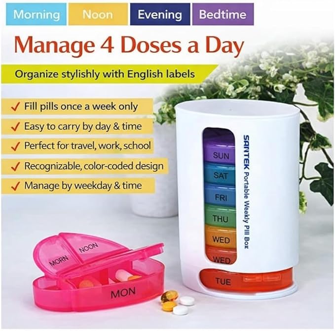 7-Day Pill Organizer, 4 Times a Day – Colorful, Durable, Stackable Design with Labeled Individual Day Compartments, Travel-Friendly