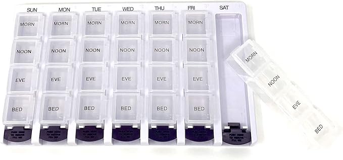 Weekly AM/PM Pill Box Portable Travel Prescription & Medication Pill Case Organizer (7-Day / 4-Times-A-Day) with Large Removable Compartments and Moisture-Proof Design Box of 1