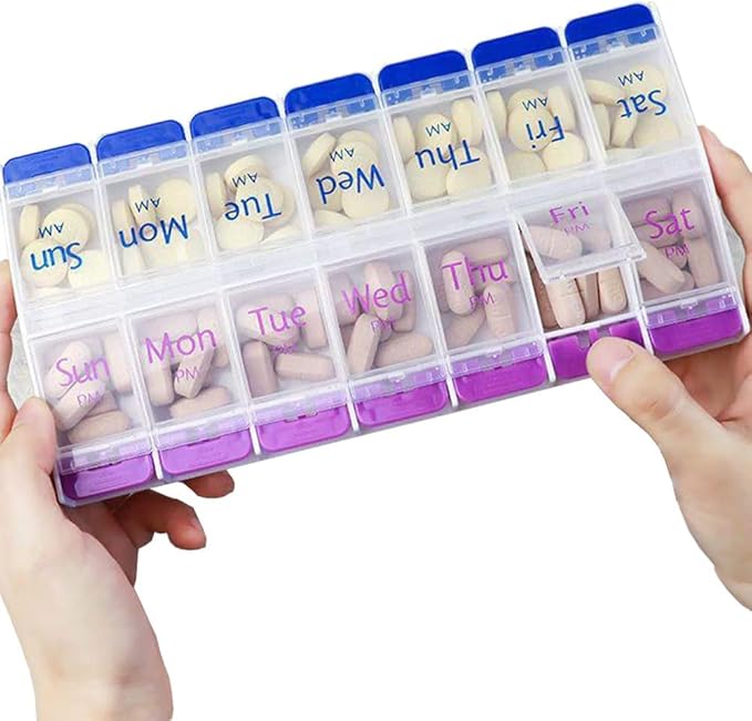 Comfort Axis Large Weekly Pill Organizer, 7 Day 2 Times a Day, AM/PM, White Plastic, Portable, Includes Travel Bag