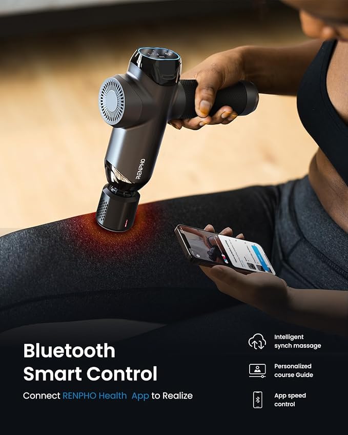 RENPHO Power+ Thermacool Massage Gun with Heat and Cold, 12mm Amplitude Deep Tissue Percussion Massager for Professional Athletes, App Controlled Guided Courses, 6 Speeds, 6 Attachments, Carry Case